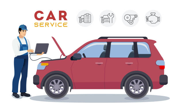 ilustraciones, imágenes clip art, dibujos animados e iconos de stock de mecánico realizando una inspección de automóviles usando una computadora portátil. concepto de reparación de servicio de automóviles. - mecánico de coches