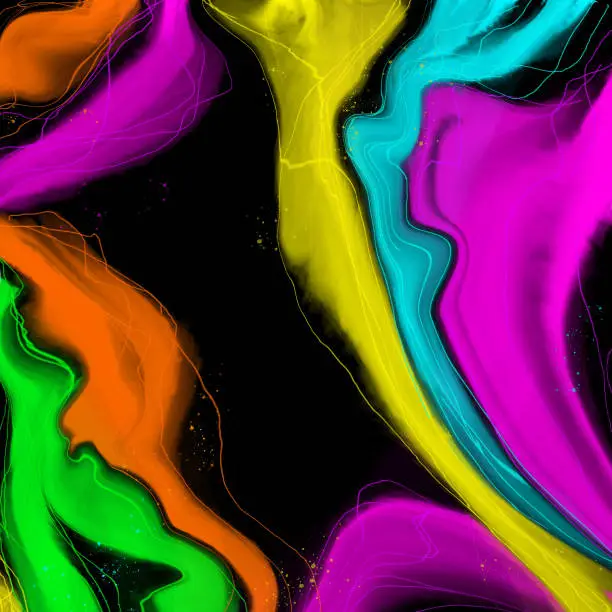 Photo of Neon background, yellow, blue, green, orange, pink spots on black. Artistic stained background in fluid art technique.