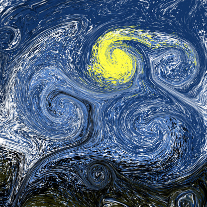 Stylized illustration of a night sky with a moon, colorful spirals in blue, black and yellow. Background in the style of the painting by Van Gogh Starry Night Design for posters of exhibitions, art.