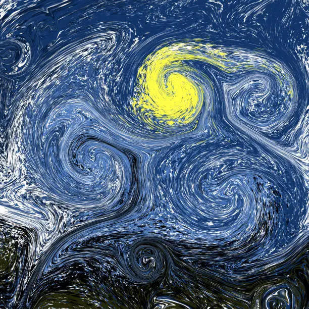 Photo of Stylized illustration of a night sky with a moon, colorful spirals in blue, black and yellow.