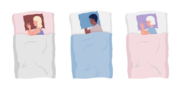 Sleeping people cuddling pillows semi flat color vector characters set. Editable figures. Full body women, man on white. Simple cartoon style illustration pack for web graphic design and animation