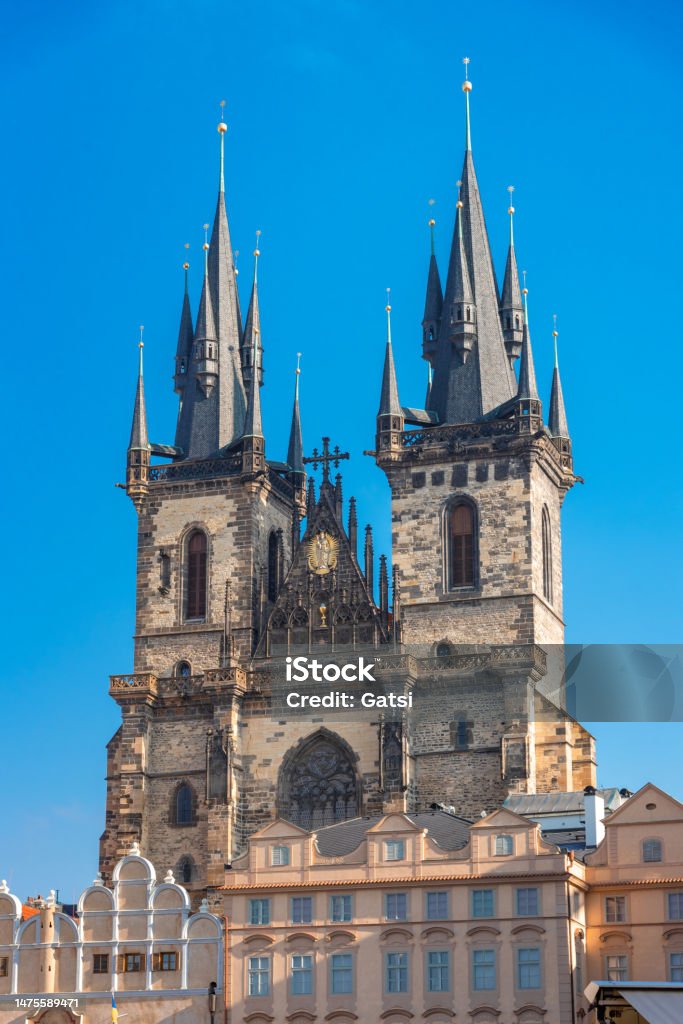 Cityscape of Prague with medieval towers and colorful buildings, Czech Republic Architecture Stock Photo