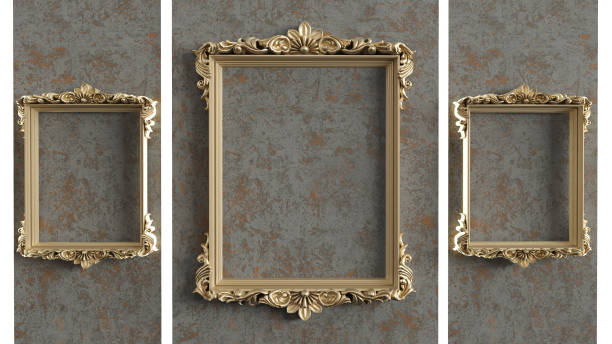 istock golden empty frame on old wall, gold frames on grunge background. Vintage background 1475589728