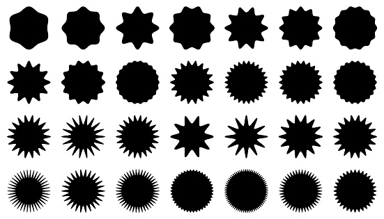 Set of starburst stickers. Vector circle shapes. Simple stickers, labels. Different variations.