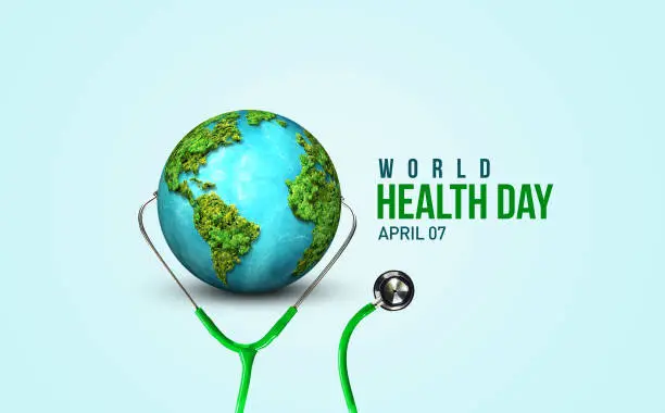 Health For All. World Health day 2023 concept background. World health day 3D concept text design with doctor stethoscope.