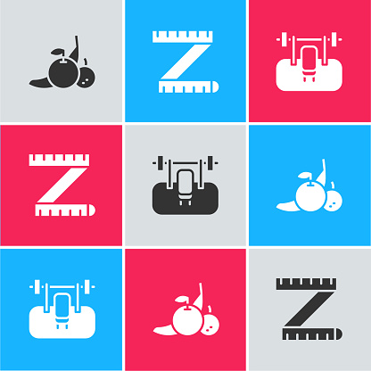 Set Fruit, Tape measure and Bench with barbel icon. Vector.