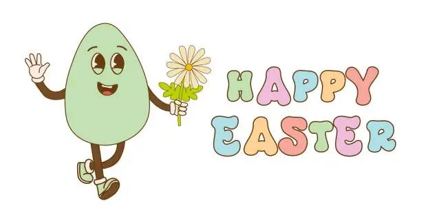 Vector illustration of Groovy retro egg. Hippie happy egg in retro cartoon style. Happy Easter day