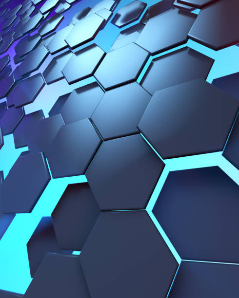 Abstract technological hexagonal background. Ambiental lighting. Blue teal red lights. 3d rendering stock photo