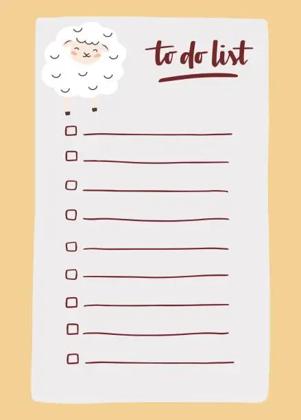 Vector illustration of To do list template decorated by cute sheep. Cute design of schedule, daily planner or checklist. Vector hand-drawn illustration. Perfect for planning, notes and self-organization.