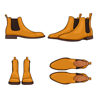 Vector Set of Cartoon Yellow Classic Shoes. Chelsea Boots Different Views.
