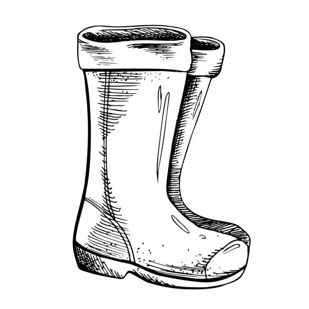 Vector illustration of Rubber boots. Black and white hand-drawn illustration in graphic technique. Isolated, vector objects from the NAUTICAL GRAPHICS collection. For decoration and design.