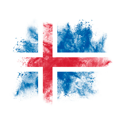 Abstract exploding Icelandic flag on white background.