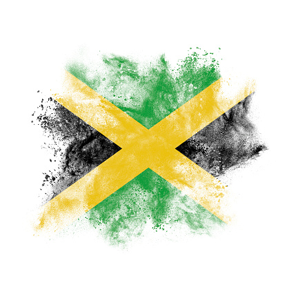 Abstract exploding Jamaican flag on white background.