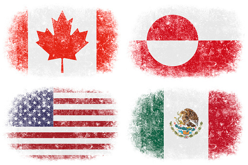 Grunge group of American flags on white background.