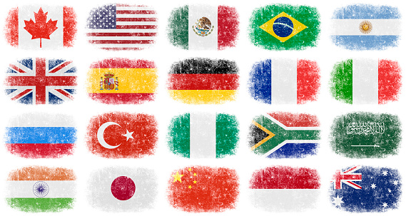 Grunge group of World flags on white background.
