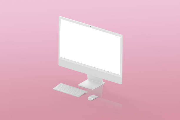 istock Isometric white display, keyboard and mouse on pink suirface. Isolated screen for mockup, app or web page presentation 1475606497