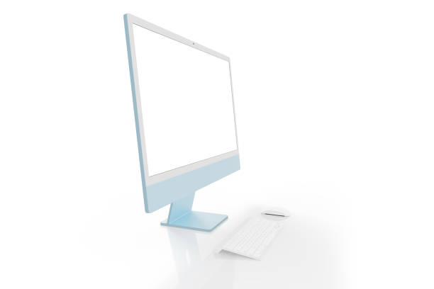 istock Blue display mockup on a clean white background with keyboard and mouse beside. Side view 1475606498