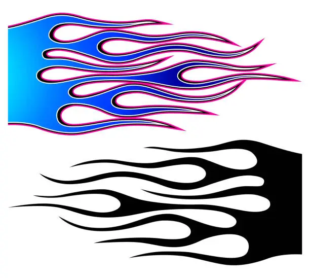 Vector illustration of Fire flames racing electric car decal vector art graphic. Burning tire and flame sports car body side vinyl decal.