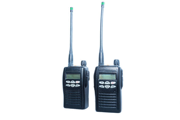Two new handheld walkie-talkies isolated on white background.