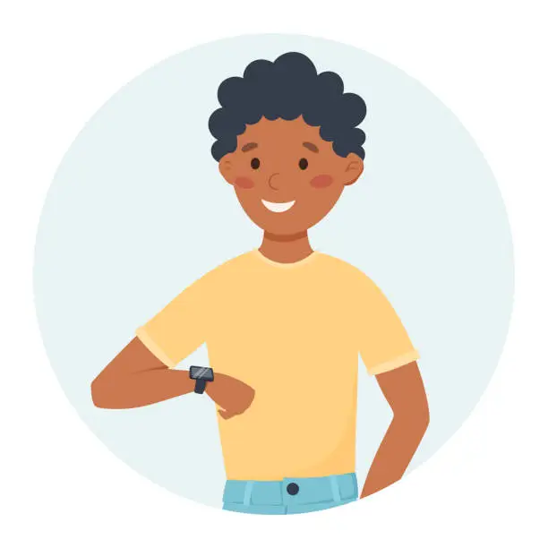 Vector illustration of Boy looking at a fitness bracelet on his wrist. Using smart watch. Vector flat illustration of an African American man.