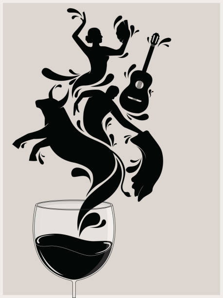 Black ans white Spanish wine A flamenco dancer, a bullfighter, a guitar are coming our from a Spanish wine vector illustration. black and white sports silhouette stock illustrations