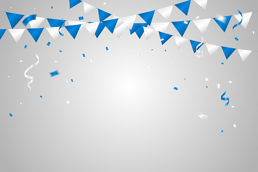 Party Flag With Many Falling Blue and White Tiny Confetti And Streamer Ribbon isolated White Background. Celebration Event. Multicolored. Vector