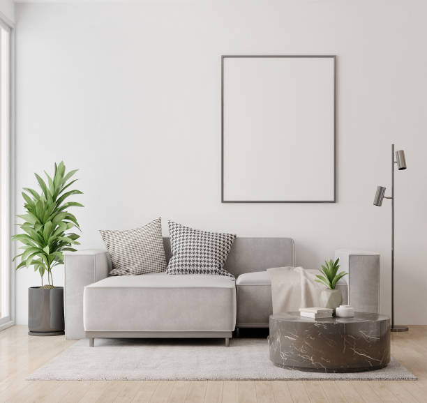 istock Scandinavian living room with wall and poster frame mock up.3d rendering 1475612594