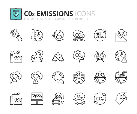 Line icons about co2 emissions. Contains such icons as tree planting, net zero, and reduced carbon dioxide. Editable stroke Vector 64x64 pixel perfect