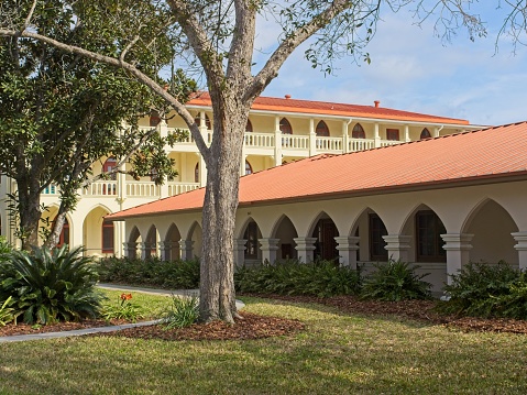 Saint Augustine, FL - USA, March 1, 2023. Architecture of the Sisters of Saint Joseph religious convent in old town Saint Augustine Florida. Originating in France in 1650, the Sisters do charitable work throughout the world.