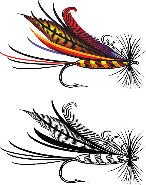 ilustraciones, imágenes clip art, dibujos animados e iconos de stock de ilustración vectorial de pesca con mosca - anzuelo de pesca ilustraciones
