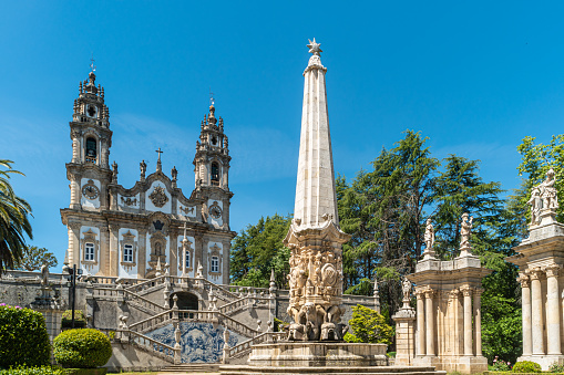 Beautiful Shrine of Our Lady of Remedies in Lamego, Portugal. The sight is a major pilgrimage church in the country, popular with tourists for its amazing baroque architecture.