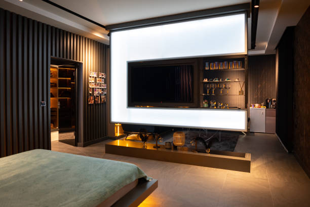 istock Luxurious master bedroom interior at night 1475617641