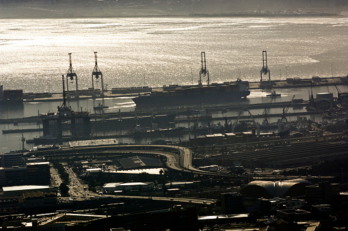 Aerial view over the commercial and industrial Port of Barcelona, Catalonia, Spain