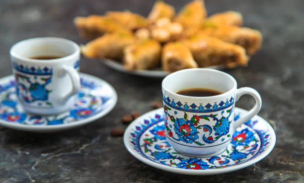 istock Turkish baklava and coffee on the table. Selective focus. 1475622110
