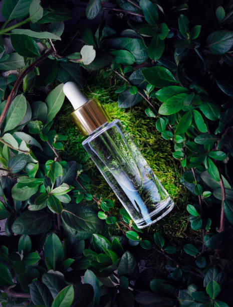 Face serum bottle in a frame of lush vegetation