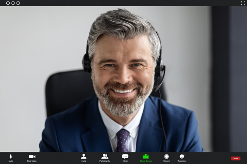 Video Conference. Smiling Middle Aged Businessman In Headset Making Virtual Call, Pov Screenshot Of Handsome Mature Man In Suit Looking At Camera, Enjoying Online Communication, Collage