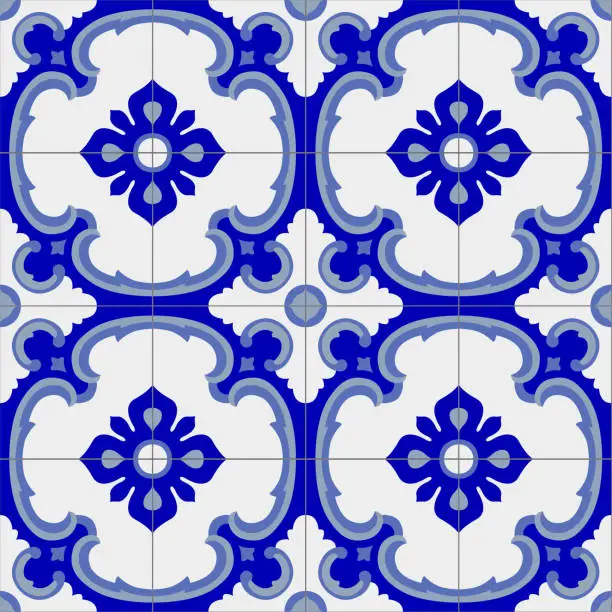 Vector illustration of Ceramic tiles. Hydraulic ceramics with Portuguese and Spanish motifs. digital design. Floral decorative ornament in blue and white. Portuguese and Spanish decoration. Vector illustration.