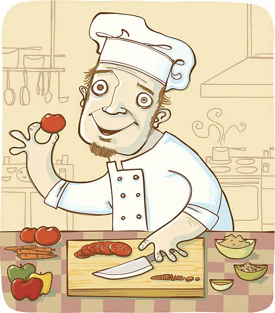 Vector illustration of Smiling Chef in Kitchen Chopping Vegetables on Cutting Board