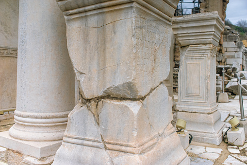 View of a broken column in Ephesus Ancient City, Turkey.