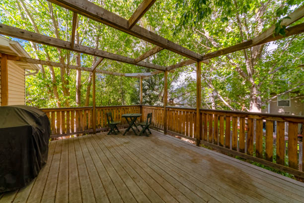 istock Terrace with wood flooring, railings, and frameworks above 1475628340