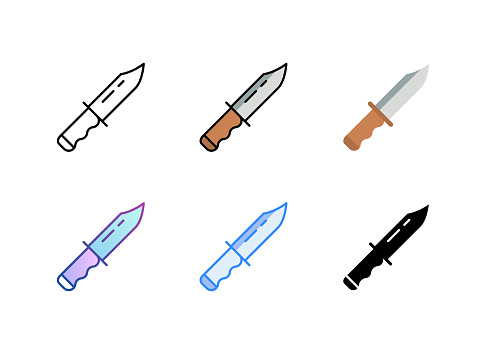 Hunting knife icon. 6 Different styles. Editable stroke. Vector illustration.