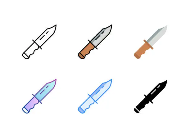 Vector illustration of Hunting knife icon. 6 Different styles. Editable stroke.