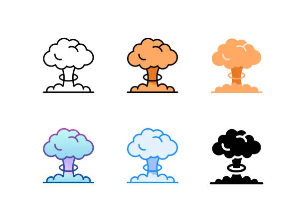 Vector illustration of Nuclear explosion icon. 6 Different styles. Editable stroke.