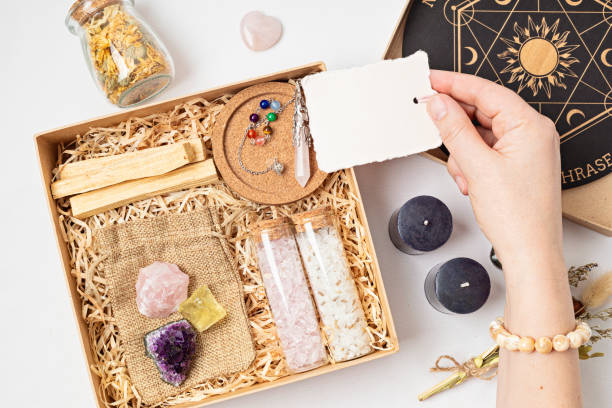 istock DIY gift box for wicca, witchcraft lovers. Crystals, witch accessories, pendulum board for divination and fortune telling. Mystic, esoteric, occult  present idea 1475632037