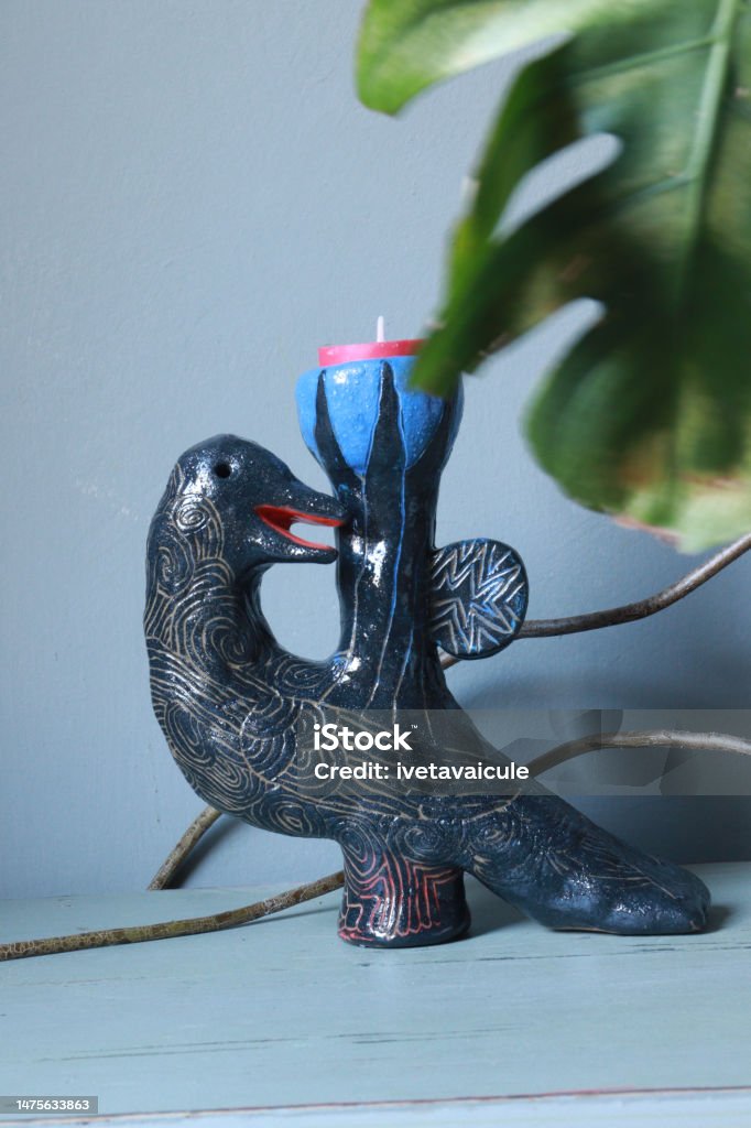 Candlestick holder. Home decor Hand built ceramic candle stick holder Antique Stock Photo