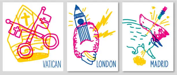Vector illustration of Doodle posters of various symbol cities , Different culture, interesting journey, voyage
