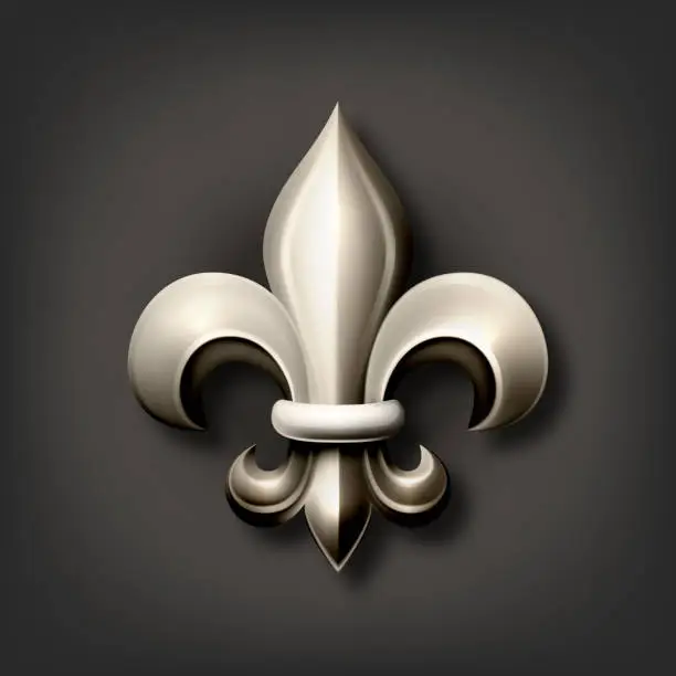 Vector illustration of Vector 3d Realistic Metal Bronze, Silver Fleur De Lis Icon Closeup Isolated on Black Background. Heraldic Lily Collection, Front View. Vector Illustration