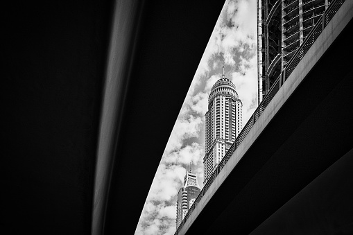Black and white Dubai Marina skyline cityscape.