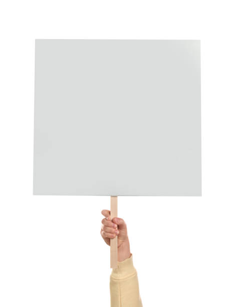 istock Woman holding blank protest sign on white background, closeup 1475642765