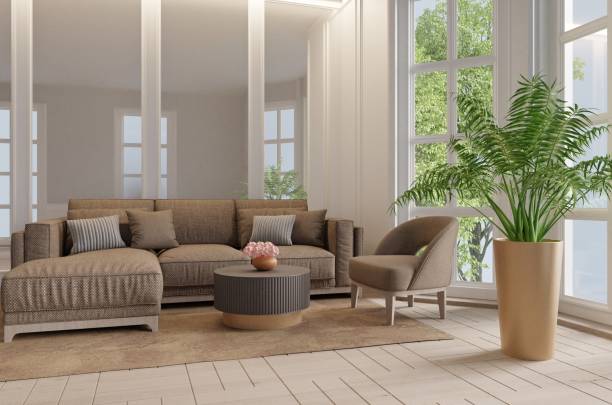 istock Classic modern style living room Inside the room there is a reflective mirror. White room color tone.3d rendering 1475646715